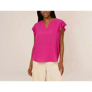 Adrianna Papell Ruffle Short Sleeve Top V Neckline Size 1X Tropical Fuchsia